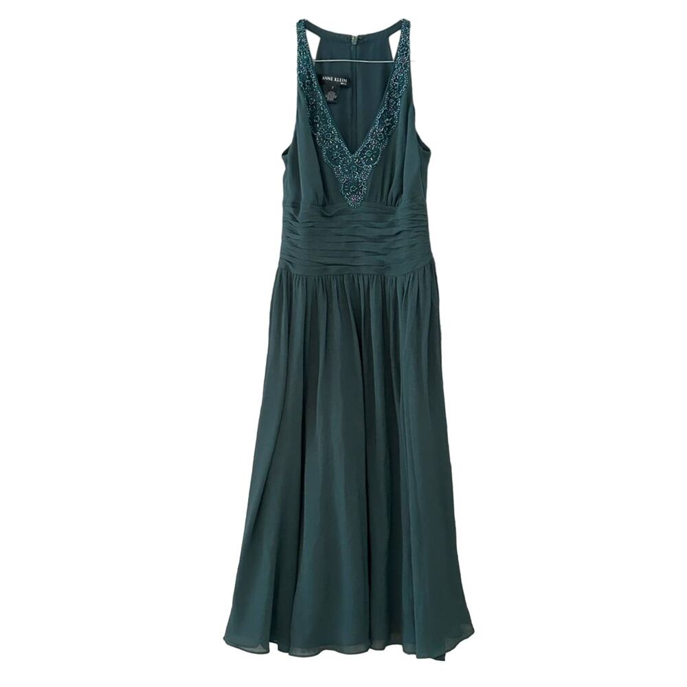 Anne Klein forest green beaded midi dress sz 2 silk ruched gatsby style